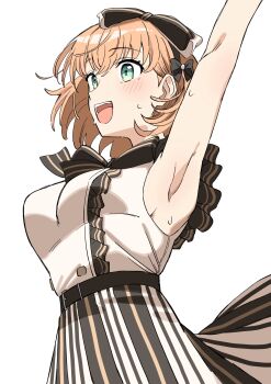 1girl :d aqua_eyes arm_up armpits bien_(djpwjd1) black_bow black_bowtie black_skirt bow bowtie breasts cowboy_shot hair_bow highres hinoshita_kaho link!_like!_love_live! love_live! medium_breasts medium_hair official_alternate_costume open_mouth orange_hair shirt simple_background skirt sleeveless sleeveless_shirt smile solo striped_clothes striped_skirt virtual_youtuber white_background white_bow white_shirt yunokuni_girls!_(love_live!)