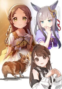 3girls absurdres animal_ears blue_eyes blush brown_eyes brown_hair chrono_genesis_(umamusume) collarbone commentary_request gakuen_idolmaster grey_hair hair_between_eyes hair_ornament highres horse_ears idolmaster kuramoto_china mochiusasa multiple_girls portrait real_life school_uniform shuto_yukina smile tracen_school_uniform umamusume voice_actor voice_actor_connection welsh_corgi white_background