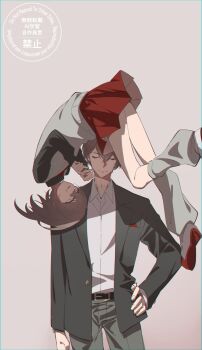 1boy 1girl @_@ absurdres annoyed asymmetrical_hair belt belt_buckle black_jacket black_shirt blazer brown_background brown_hair buckle carrie-chan carrie_(song) cheek_poking chromatic_aberration clenched_hand closed_eyes closed_mouth collared_shirt commentary empty_eyes floating grey_pants grey_socks grey_sweater_vest hand_on_own_hip highres jacket kagami_hayato kagami_hayato_(1st_costume) lapels long_sleeves looking_at_another loose_socks miniskirt necktie nijisanji notched_lapels open_clothes open_jacket pants pleated_skirt poking red_necktie red_shoes red_skirt school_uniform shirt shoes short_hair skirt smile socks sweatdrop sweater_vest uwabaki watch white_shirt white_shoes wing_collar wristwatch yaoya_89 yellow_eyes