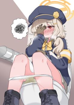 aoba_(blue_archive) blonde_hair blue_archive blush embarrassed gloves halo hat lmc_(lmcgarage) loli long_sleeves miniskirt orange_eyes panties pee_stain peeing peeing_self pleated_skirt school_uniform skirt stained_panties tearing_up toilet_use underwear white_panties