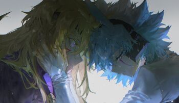 2boys alien_888 antenna_hair black_headband blonde_hair blue_hair closed_eyes coat colored_tips dappled_sunlight facial_mark facing_another hair_slicked_back hand_on_another's_face hands_on_another's_cheeks hands_on_another's_face headband headphones heads_together highres leaning_on_person long_sleeves looking_at_another male_focus multicolored_hair multiple_boys purple_coat purple_eyes rain single_sleeve_past_wrist spiked_hair sunlight upper_body water water_drop white_background white_coat wide-eyed yu-gi-oh! yu-gi-oh!_go_rush!! yudias_velgear zuwijo_zir_velgear