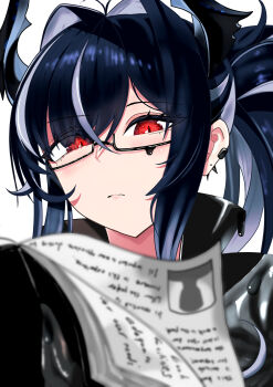 1girl absurdres antenna_hair bahamut_(nikke) black_gloves black_hair black_jacket black_liquid black_necktie book closed_mouth commentary_request crossed_bangs ear_piercing earclip glasses gloves goddess_of_victory:_nikke grey_hair hair_between_eyes hair_intakes highres holding holding_book horns jacket liquid_clothes long_hair multicolored_hair necktie piercing ponytail reading red_eyes semi-rimless_eyewear sidelocks simple_background solo two-tone_hair under-rim_eyewear upper_body upside-down_book white_background yosuga_(pixiv79264534)