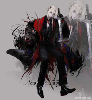 Rule 34 | 1boy, absurdres, alcohol, asymmetrical sidelocks, black coat, black collar, black gloves, black pants, black shirt, black shoes, blue pupils, body markings, brooch, chinese commentary, closed mouth, coat, collar, commentary request, commission, cup, curtained hair, disembodied eye, dress pants, drinking glass, expressionless, eye brooch, fold-over collar, frilled shirt, frills, full body, fur-trimmed coat, fur-trimmed sleeves, fur trim, gloves, grey background, hair between eyes, highres, holding, holding cup, holding sword, holding weapon, invisible chair, jewelry, lace collar, lapel pin, lapels, lizhi wan, long sleeves, looking ahead, looking at viewer, male focus, material growth, mole, mole under eye, notched lapels, open clothes, open coat, original, oxfords, pants, parted lips, planted, planted sword, planted weapon, red coat, red eyes, red wine, shirt, shirt tucked in, shoes, short hair, sidelocks, simple background, single off shoulder, sitting, solo, spiked hair ornament, spikes, spirit, sword, third eye on chest, torn clothes, torn coat, wallet chain, watermark, weapon, weibo watermark, white hair, wine, wine glass, zoom layer