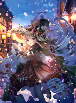 1girl black_skirt bow building cape commentary_request food hat highres komorihikki long_hair long_sleeves looking_at_viewer night original outdoors pantyhose parted_lips purple_eyes ribbon sensitive shirt skirt sky snow solo very_long_hair white_shirt witch_hat