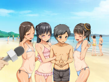 3boys 6+girls adjusting_hair arm_hug barefoot beach beach_nanpa bikini black_eyes black_hair blue_bikini blue_eyes blush brown_hair closed_eyes closed_mouth cloud cowboy_shot day dot_nose embarrassed facing_viewer flat_chest frilled_bikini frills hair_bun happy highres hip_focus interview loli long_hair looking_at_viewer microphone mountain multiple_boys multiple_girls navel ocean one-piece_tan open_mouth original outdoors pink_bikini sand short_hair side-tie_bikini_bottom side_bun single_hair_bun sky smile standing swimsuit tan tanline tokei_usagi v w water white_bikini yellow_eyes