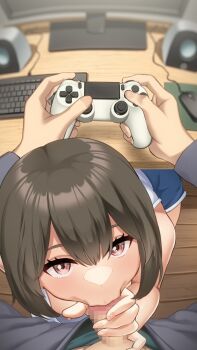 1boy 1girl blush brown_hair censored commentary_request controller dualshock eyebrows_hidden_by_hair fellatio fisheye from_above game_console game_controller gamepad hetero highres holding holding_controller computer_keyboard looking_at_viewer mosaic_censoring oral original penis pink_eyes playstation_controller pov short_hair solo_focus under_table upturned_eyes wooden_floor yamagara_tasuku