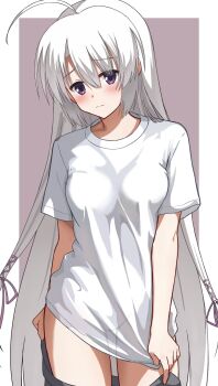 Rule 34 | 1230 mochi, 1girl, 3:, ahoge, alternate costume, arm behind back, ayachi nene, blush, border, breasts, brown background, closed mouth, commentary request, cowboy shot, furrowed brow, grey hair, groin, hair ribbon, highres, huge ahoge, large breasts, long hair, looking at viewer, outside border, oversized clothes, oversized shirt, pink ribbon, purple eyes, ribbon, sanoba witch, see-through clothes, see-through shirt, shirt, shirt tug, short sleeves, sidelocks, simple background, solo, split mouth, straight hair, t-shirt, very long hair, white border