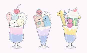 ayu_(mog) cherry commentary commentary_request cup drinking_glass drinking_straw english_commentary food food_focus fruit heart ice_cream ice_cream_float mixed-language_commentary no_humans original pencil romaji_commentary ruler signature simple_background strawberry stuffed_animal stuffed_dragon stuffed_toy teddy_bear white_background