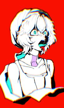 1other androgynous blue_eyes chromatic_aberration cine_hamal commentary_request hemo_(hemoroda) kuzu_suzumi len&#039;en multiple_tongues open_clothes open_vest other_focus red_background shirt short_hair simple_background sleeveless sleeveless_shirt solo spot_color turban vest