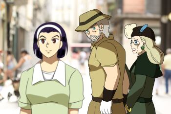 1boy 2girls absurdres age_difference beard blonde_hair blurry blurry_background breasts brown_eyes closed_mouth diamond_wa_kudakenai distracted_boyfriend_(meme) dress earrings facial_hair from_behind gloves green_eyes grey_hair hairband hat higashikata_tomoko highres holding_hands jewelry jiyuupants jojo_no_kimyou_na_bouken joseph_joestar joseph_joestar_(old) looking_at_another looking_back medium_breasts meme multiple_girls old old_man old_woman purple_hair shirt smile stardust_crusaders suzi_q
