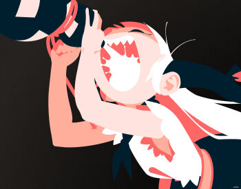 1girl alcohol artist_name black_background closed_eyes drinking flat_color gourd highres horns ibuki_suika long_hair minimalism mobcap open_mouth sake sharp_teeth shirt solo teeth torn_clothes torn_shirt torn_sleeves touhou upper_body