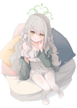 1girl absurdres alternate_costume blue_archive blush bow braid brown_eyes commentary dress frilled_dress frills green_halo green_jacket grey_hair halo highres jacket long_hair miyo_(blue_archive) no_shoes off-shoulder_dress off_shoulder open_clothes open_jacket open_mouth pantyhose shirayui_(shirakawaui) single_sleeve_past_wrist sitting solo white_bow white_dress white_pantyhose