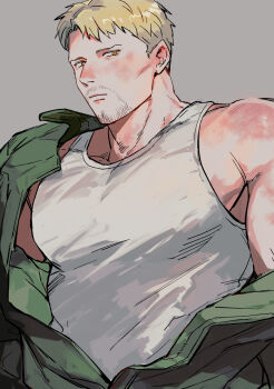 1boy alternate_costume bara blonde_hair cheekbones facial_hair goatee_stubble highres kuconoms large_pectorals looking_at_viewer male_focus muscular muscular_male mustache_stubble pectorals reiner_braun shingeki_no_kyojin short_hair sidepec solo stubble tank_top upper_body white_tank_top