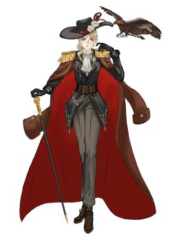 Rule 34 | 1girl, absurdres, animal, ascot, bird, black hair, black hat, black jacket, blonde hair, brown coat, brown corset, brown shoes, cane, closed mouth, coat, coat on shoulders, collared jacket, corset, cross-laced shoes, dress pants, dress shoes, earrings, epaulettes, eyelashes, flower, full body, grey background, grey pants, hair over shoulder, hand on own shoulder, hat, hat flower, hat ribbon, hawk, highres, holding, holding cane, infinity nikki, jacket, jewelry, lapels, light smile, lips, long hair, long sleeves, low ponytail, monocle, nikki (series), notched lapels, pants, ponytail, qiaoqiao382, red coat, red ribbon, ribbon, rose, round eyewear, shoes, simple background, sleeve cuffs, solo, sphere earrings, standing, stylist (nikki), sun hat, two-sided coat, two-sided fabric, vignetting, wavy hair, white ascot, white background, white flower, white rose, yellow eyes