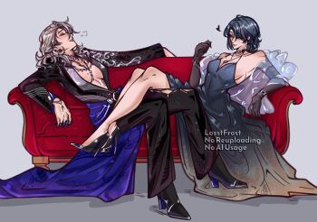 2girls bare_shoulders black_dress black_gloves black_hair black_jacket black_pants black_shoes bracelet breasts chief_(path_to_nowhere) cleavage closed_eyes closed_mouth commentary couch dress elbow_gloves english_commentary female_chief_(path_to_nowhere) gloves grey_background grey_hair heart high_heels highres jacket jewelry looking_at_another losstfrost medium_breasts multiple_girls on_couch open_clothes open_jacket pants path_to_nowhere shoes simple_background sleeveless sleeveless_dress smile watermark yuri zoya_(path_to_nowhere)