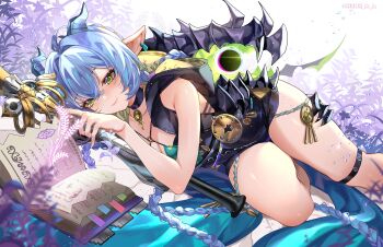 1girl 1other accessories artist_name black_unitard blue_hair blue_horns book breasts choker closed_mouth commentary earrings ethereal_(zenless_zone_zero) goat goat_horns goat_tail grass green_pupils hair_between_eyes hanh_chu highres holding holding_staff hood horns jewelry knee_strap lucia_elowen lying medallion on_side open_book outdoors plant pointy_ears reading short_hair single_bare_shoulder smile staff symbol-only_commentary tail thighs twitter_username yellow_eyes zenless_zone_zero