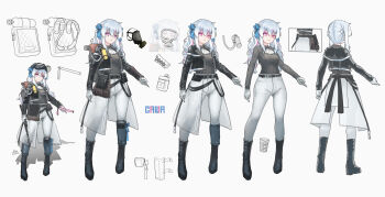 Rule 34 | 1girl, absurdres, belt, black belt, black boots, black jacket, black shirt, boots, bow, breasts, commentary request, full body, gas mask, gloves, goggles, gun, hair bow, hair ornament, hammer and sickle, hat, highres, holding, holding weapon, indie virtual youtuber, jacket, knee boots, linkai nuofu, long hair, long sleeves, looking at viewer, lucca project, mask, mask on head, multicolored hair, multiple views, original, oxygen tank, pants, pink eyes, pouch, reference sheet, sasha krik, shirt, simple background, smile, standing, streaked hair, virtual youtuber, weapon, white background, white gloves, white hair, white pants