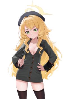 1girl :3 absurdres alternate_costume beret black_dress black_hat black_thighhighs blonde_hair blue_archive breasts buttons cane closed_mouth collarbone commentary cowboy_shot dress eyelashes film_grain fluffy_hair green_eyes hair_between_eyes hair_intakes halo hand_on_own_hip hand_up hat highres holding holding_cane long_hair long_sleeves looking_at_viewer manjie medium_breasts no_bra professor_niyaniya_(blue_archive) short_dress sidelocks simple_background smile smug solo split_mouth thighhighs thighs v-shaped_eyebrows very_long_hair white_background yellow_halo