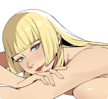 1girl blonde_hair blue_eyes breast_press breasts emilie_de_rochefort large_breasts lips long_hair nude tekken upper_body white_background yukimpoi