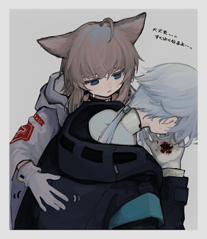 1girl 1other 8rk9 ahoge ambiguous_gender animal_ears arknights black_jacket blood blood_on_hands blue_eyes blush border brown_hair choker coat coughing coughing_blood cross doctor_(arknights) fox_ears fox_girl gloves grey_background grey_hair highres hood hood_down hooded_coat hooded_jacket hug jacket outside_border red_cross short_hair simple_background sussurro_(arknights) sweat white_border white_gloves
