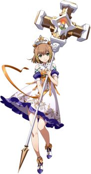 1girl arm_strap bare_shoulders breasts brown_hair candle cleric closed_mouth crosier cross cross_print dress elma_(langrisser) fire fold-over_boots frilled_dress frills full_body game_cg hair_between_eyes hat holding holding_staff langrisser langrisser_mobile langrisser_re:incarnation leg_up legs looking_at_viewer medium_hair mitre multicolored_shoes official_art priestess short_dress simple_background small_breasts smile solo staff standing standing_on_one_leg strap tachi-e third-party_source transparent_background white_dress