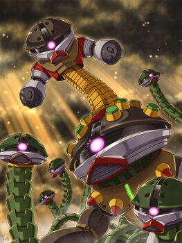 acguy alternate_color artist_name cloud cloudy_sky commentary_request devil_gundam embers fuji_shuuji g_gundam glowing glowing_eye gundam gundam_head highres joints light_rays looking_at_viewer mecha mobile_suit mobile_suit_gundam no_fingers no_humans no_pupils one-eyed outdoors parody pink_eyes robot robot_joints science_fiction signature sky sunbeam sunlight