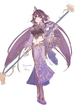 1girl atelier_(series) atelier_resleriana atelier_sophie atelier_sophie_2 black_pantyhose black_tube_top breasts cleavage clothing_cutout commentary cosplay dated flats full_body hair_ornament hand_fan highres holding holding_fan holding_polearm holding_weapon large_breasts light_blush long_hair long_sleeves looking_at_viewer midriff navel pants pantyhose polearm purple_eyes purple_hair purple_pants purple_shirt purple_shoes qmmparabellum ramizel_erlenmeyer saskia_(atelier) saskia_(atelier)_(cosplay) see-through_cleavage see-through_clothes shirt shoes shrug_(clothing) side_cutout sidelocks simple_background smile solo star_(symbol) star_hair_ornament strapless tube_top twintails twitter_username very_long_hair weapon white_background