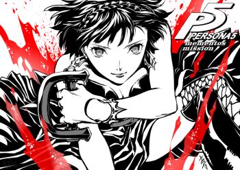 1girl ambiguous_red_liquid bare_shoulders black_thighhighs blunt_bangs braid copyright_name crown_braid earrings gloves holding holding_weapon jewelry monochrome niijima_makoto official_art persona persona_5 saitou_rokuro short_hair signature simple_background skirt spiked_knuckles thighhighs weapon white_background