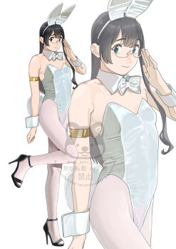 1girl absurdres adjusting_eyewear animal_ears black_hair black_shoes bow bowtie closed_mouth commentary_request detached_collar fake_animal_ears glasses gold_armband green_eyes highres kantai_collection legs leotard long_hair looking_at_viewer ojipon ooyodo_(kancolle) pantyhose playboy_bunny rabbit_ears shoes simple_background solo standing standing_on_one_leg watermark white_background white_bow white_bowtie white_leotard white_pantyhose wrist_cuffs zoom_layer