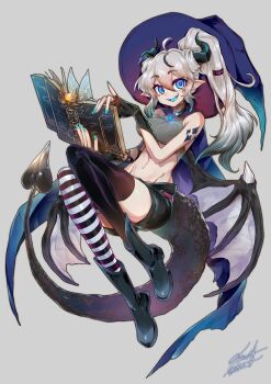 1girl commission dragon_girl hat highres horns ifelt_(tamaki_zutama) midriff navel ponytail short_shorts shorts smile tagme tail toned witch witch_hat