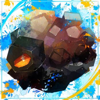 border colored_sclera commentary_request full_body gen_8_pokemon highres loki_(regulus_1111) nintendo no_humans one-eyed pokemon pokemon_(creature) pokemon_focus red_sclera rolycoly solo splatter_background white_eyes