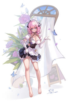 1girl animal barefoot black_dress blue_eyes blue_flower blue_sky breasts bug butterfly cleavage closed_mouth cloud cloudy_sky collarbone commentary_request curtains dress elbow_gloves elysia_(honkai_impact) elysia_(miss_pink)_(honkai_impact) elysia_(miss_pink_elf)_(honkai_impact) feet flower frilled_dress frilled_gloves frills full_body gloves honkai_(series) honkai_impact_3rd horns insect long_hair looking_at_viewer medium_breasts petals pink_flower pink_hair pink_rose pleated_dress puffy_short_sleeves puffy_sleeves rose shoes short_sleeves signature simple_background single_shoe sky smile solo table toes white_background white_gloves window yelan_xing_xuan