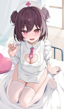 1girl absurdres bandaged_arm bandages bed black_hair character_request chobonu cleavage_cutout clothing_cutout commentary commission copyright_request curtains double_bun dress hair_bun hand_up hat highres holding holding_thermometer hospital_bed indoors kneeling looking_at_viewer mole mole_under_eye necktie no_shoes nurse nurse_cap official_art on_bed open_mouth pink_eyes pink_necktie short_hair skeb_commission smile solo thermometer thighhighs virtual_youtuber white_dress white_thighhighs window
