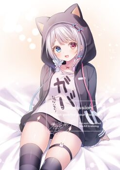 1girl :d animal_hood black_hoodie black_shorts black_thighhighs blue_eyes blush bow braid cat_hood clothes_writing collarbone commentary commission cowboy_shot grey_hair hair_bow heterochromia highres hood hood_up hoodie indie_virtual_youtuber long_hair looking_at_viewer miyahana_yu_(artist) on_bed open_clothes open_hoodie open_mouth red_eyes shirt short_shorts shorts signature sitting skeb_commission smile solo striped_clothes striped_thighhighs thighhighs twin_braids virtual_youtuber watermark white_bow white_shirt yumesaki_yun