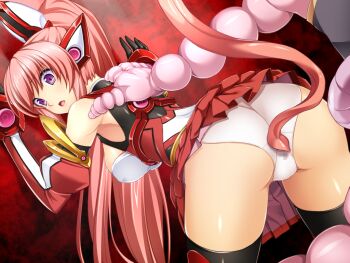 1girl :o against_wall ass bare_shoulders bent_over black_gloves black_thighhighs blush breasts censored covered_erect_nipples elbow_gloves exs-tia_chevalier exs-tia_chevalier_(exs-tia_2) from_behind game_cg ganusgil gloves headgear high_ponytail imminent_rape inoino kouyoku_senki_exs-tia large_breasts large_variant_set leaning_forward leotard long_hair looking_back mosaic_censoring non-web_source official_art open_mouth pink_hair pleated_skirt ponytail purple_eyes red_skirt restrained rieszverne_suzette_paladill shiny_skin skirt solo surprised tail tentacles thighhighs underwear vambraces variant_set very_long_hair white_leotard