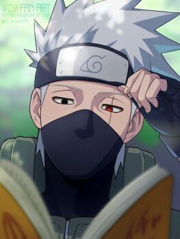 Rule 34 | 1boy, asamishi, black eyes, black gloves, book, commentary, fingerless gloves, forehead protector, gloves, hatake kakashi, heterochromia, highres, konohagakure symbol, male focus, mask, mouth mask, naruto (series), open book, red eyes, scar, scar across eye, scar on face, sharingan, short hair, solo, spiked hair, symbol-only commentary, twitter username, upper body