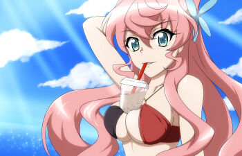 1girl a_k_g_e_0325 absurdres bikini blue_eyes breasts bubble_tea bubble_tea_challenge cleavage cup disposable_cup drinking drinking_straw drinking_straw_in_mouth hair_between_eyes hair_ornament highres huge_breasts large_breasts long_hair looking_at_viewer maria_cadenzavna_eve multicolored_swimsuit o-ring o-ring_bikini o-ring_top object_on_breast object_on_pectorals open_mouth pink_hair senki_zesshou_symphogear smile solo swimsuit very_long_hair