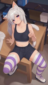 animal_ears cat_tail gym_shorts hammer high_tops highres key looking_at_viewer navel purple_eyes shoelaces shoes shorts sneakers sports_bra striped_clothes striped_thighhighs tail thighhighs white_hair yoako
