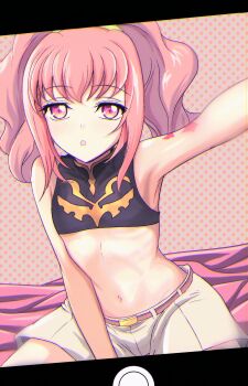 1girl anya_alstreim belt code_geass highres knights_of_the_round_uniform long_hair looking_at_viewer midriff navel open_mouth pink_eyes pink_hair shorts solo usuba_kagerou_(shougyouchu) white_shorts