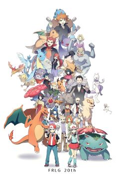 Rule 34 | 6+boys, 6+girls, 6+others, agatha (pokemon), alakazam, anniversary, arcanine, articuno, bill (pokemon), blaine (pokemon), blastoise, blue oak, brock (pokemon), bruno (pokemon), celio (pokemon), charizard, daisy oak, dragonite, eevee, erika (pokemon), everyone, facial hair, fangs, fuji (pokemon), gen 1 pokemon, gengar, giovanni (pokemon), hat, highres, holding, holding poke ball, koga (pokemon), lance (pokemon), lapras, leaf, leaf (pokemon), legendary pokemon, looking at viewer, lorelei (pokemon), machamp, mew (pokemon), mewtwo, misty (pokemon), moltres, multiple boys, multiple girls, multiple others, mustache, mythical pokemon, nikurisu719, nintendo, onix, pikachu, poke ball, poke ball (basic), pokemon, pokemon (creature), pokemon frlg, raichu, red (pokemon), rhyhorn, sabrina (pokemon), professor oak, serious, skirt, smile, spiked hair, starmie, sunglasses, surge (pokemon), v, venusaur, vileplume, weezing, wings, wristband, zapdos