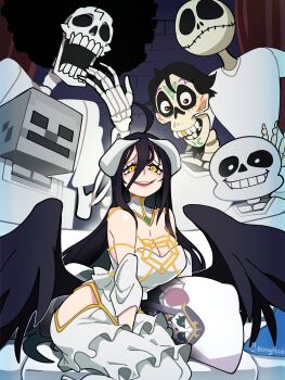 1girl 4boys absurdres afro ahoge ainz_ooal_gown albedo_(overlord) alternate_costume black_hair black_wings bongftah breasts brook_(one_piece) cleavage coco_(disney) commentary crossover dakimakura_(object) dress eyelashes gold_teeth grin hector_rivera highres horns jack_skellington large_breasts long_hair looking_at_viewer low_wings minecraft multiple_boys multiple_crossover one_piece open_mouth overlord_(maruyama) pillow piper_perri_surrounded_(meme) sans_(undertale) shirt sitting skeleton skeleton_(minecraft) smile symbol-only_commentary the_nightmare_before_christmas undertale utdr_(toby_fox) white_dress white_horns white_shirt wings yellow_eyes