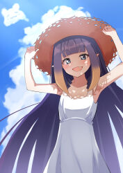Rule 34 | 1girl, :3, :d, arms up, bare arms, bare shoulders, blue eyes, blue sky, blunt bangs, cloud, collarbone, commentary, day, dress, fang, hat, highres, hololive, hololive english, kenjun, long hair, looking at viewer, multicolored hair, ninomae ina&#039;nis, open mouth, orange hair, outdoors, pointy ears, purple hair, sky, sleeveless, sleeveless dress, smile, solo, straw hat, sundress, takodachi (ninomae ina&#039;nis), very long hair, virtual youtuber, white dress