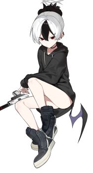 Rule 34 | 1girl, absurdres, black boots, black choker, black hair, black hoodie, black horns, black nails, blue archive, boots, choker, drawstring, fataaa, fingernails, full body, grey halo, gun, hair between eyes, halo, handgun, highres, hood, hood down, hoodie, horns, kayoko (blue archive), knee up, long fingernails, looking at viewer, multicolored hair, red eyes, simple background, single wing, sitting, solo, two-tone hair, weapon, white background, white hair, wings