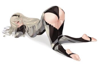 1girl all_fours armor ass barefoot blonde_hair blush breasts commission female_corrin_(fire_emblem) fire_emblem fire_emblem_if from_behind full_body green_eyes hair_over_one_eye hairband j@ck large_breasts long_hair looking_at_viewer nintendo panties sideboob solo thighhighs top-down_bottom-up underwear