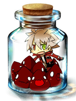 Rule 34 | 1boy, bad id, bad pixiv id, blazblue, bottle, captured, dead spike, heterochromia, kuro yuzu, ragna the bloodedge, silver hair
