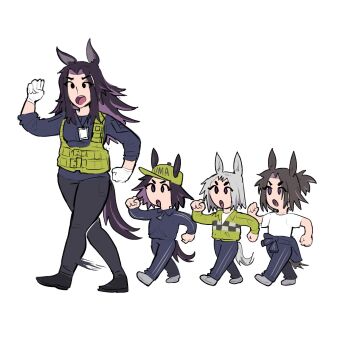 Rule 34 | 4girls, animal ears, black hair, black pants, blue jacket, blue pants, blue shirt, clothes around waist, commentary, ears through headwear, fenomeno (umamusume), flipped hair, gloves, green jacket, green vest, grey hair, hat, highres, horse ears, horse girl, horse tail, jacket, jacket around waist, japvs, long hair, long sleeves, multicolored hair, multiple girls, open mouth, pants, purple hair, shirt, shoes, short hair, simple background, tail, teeth, track suit, umamusume, upper teeth only, vest, walking, white background, white gloves, white shirt