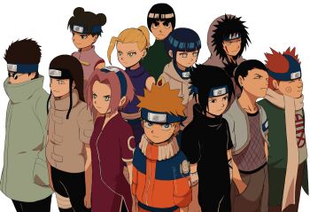 Rule 34 | > <, absurdres, aburame shino, akimichi chouji, black eyes, black hair, blonde hair, blue eyes, bowl cut, coat, commentary, double bun, english commentary, forehead protector, frown, green coat, green eyes, hair bun, hands in pockets, haruno sakura, headband, highres, hyuuga hinata, hyuuga neji, inuzuka kiba, jacket, konohagakure symbol, nara shikamaru, naruto (classic), naruto (series), orange hair, orange jacket, pencilman draws, ponytail, red hair, rock lee, scarf, serious, short hair, smile, spiked hair, sunglasses, tenten (naruto), thick eyebrows, topknot, uchiha sasuke, uzumaki naruto, white scarf, yamanaka ino