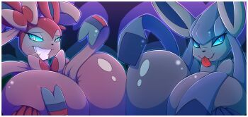 2girls blue_eyes blue_skin breasts colored_skin gen_4_pokemon gen_6_pokemon glaceon glint grabbing_own_breast hands_on_own_chest humanization looking_at_viewer multiple_girls nintendo pink_skin pokemon pokemon_(creature) r-mk smile sylveon tongue tongue_out zooming_in