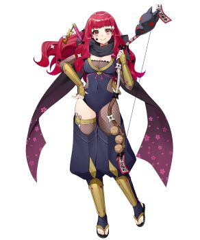 1girl black_scarf bodystocking bow_(weapon) breasts cleavage covered_navel fire_emblem fire_emblem_engage fire_emblem_heroes fishnet_bodystocking fishnet_thighhighs fishnets floral_print fox_mask hair_ornament highres holding holding_bow_(weapon) holding_weapon japanese_clothes long_hair looking_at_viewer mask medium_breasts navel ninja nintendo non-web_source official_alternate_costume official_art red_eyes red_hair sandals scarf single_thighhigh smile solo star_(symbol) star_hair_ornament tachi-e thighhighs weapon yunaka_(fire_emblem) yunaka_(ninja)_(fire_emblem)