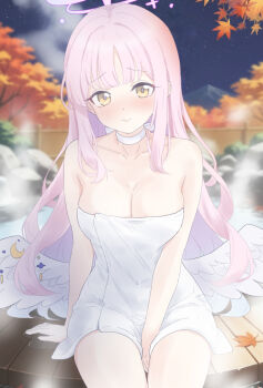 1girl angel_wings between_legs blue_archive breasts choker cleavage closed_mouth collarbone commentary_request crescent feathered_wings halo hand_between_legs looking_at_viewer low_wings mika_(blue_archive) naked_towel night night_sky onsen outdoors pink_hair pink_halo sitting sky teina towel white_choker white_wings wing_ornament wings yellow_eyes